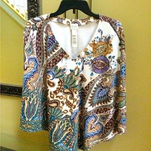 Chico's Poncho Women Sz S/M Cream Green Multi Paisley V-Neck Boho Flare Sueded